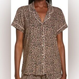 Nordstrom Brown Leopard Print Short Sleeve Button Down Top Size XL